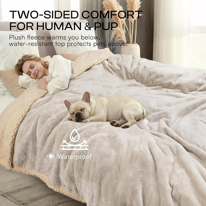 Waterproof Pet Blanket, Liquid Pee Proof Dog Blanket for Sofa Bed Couch, Reversible Sherpa Fleece Furniture Protector Cover for Small Medium Large Dogs Cats, Grey Beige Large（65" x 57"）
