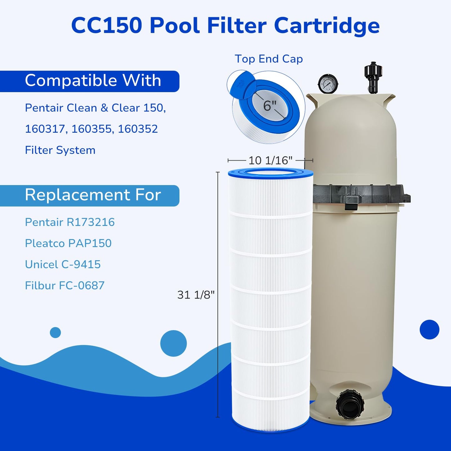 Fil-fresh CC150 Pool Filter Cartridges Compatible with Pentair Clean & Clear 150, Replacement for Pleatco PAP150, Pentair R173216, Unicel C-9415, 150 sq.ft