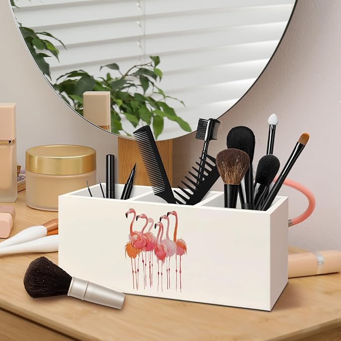Tropical Flamingo Wooden Pen Pencil Holder for Desk Accessories, Flamingo Gifts for Women Girls, Preppy Girly Wood Makeup Brush Toothbrush Holder Organizer for Vanity Bathroom