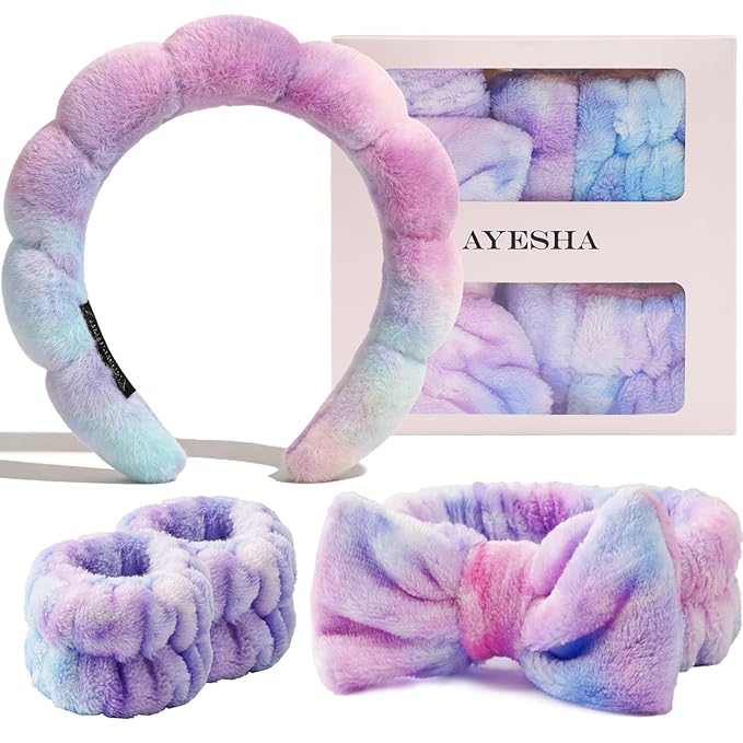 Ayesha Spa Headband and Wristband Set for Skincare Washing Face,6pcs Makeup Headband Wrist Cuffs for Preppy Skincare Teen Girl Women