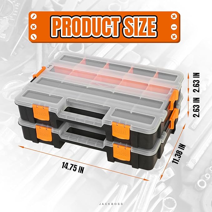 Tool Box with Transparent Lid, Single Side 17-Compartments Organizer Box with Removable Dividers for Hardware, Screws, Bolts, Nails, Beads, Jewelry and Fishing Accessories, Orange, 2 Pack