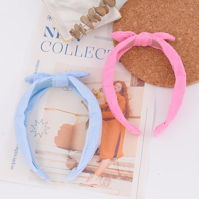 Toddler Headbands with Bow, Thin Knotted Non-Slip Hair Accessories for Girls and Women (Bule/Pink, 2Pcs)