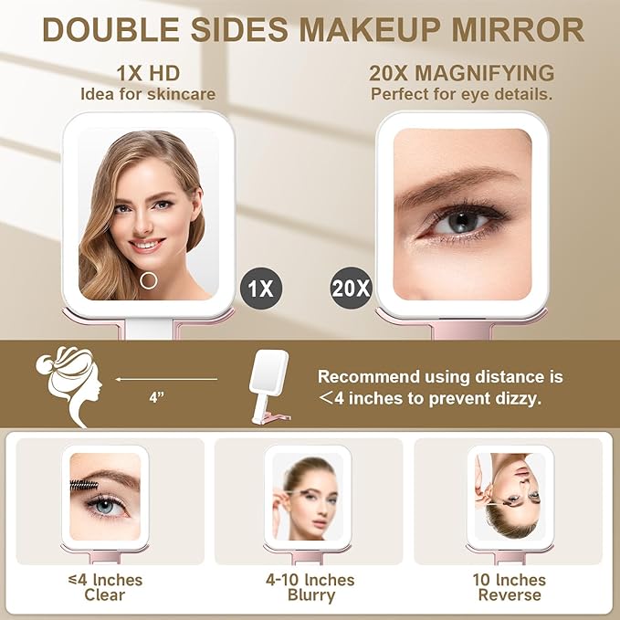 Mocado Travel Makeup Mirror with Lights,20X/1X Magnifying Mirror with Light, Double Sided Travel Mirror with 3 Color Light,Dimmable Touch,Lighted Makeup Mirror for Tabletop,Handheld,Hanging(Rose Gold)