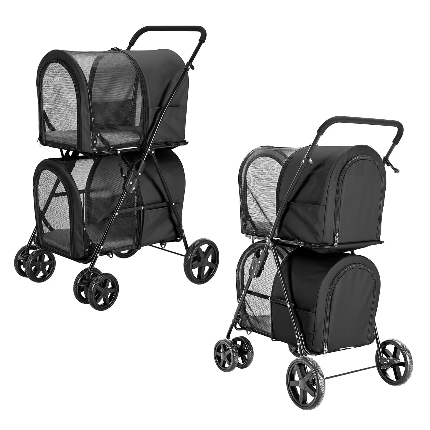LPOTIUS Double Pet Stroller for Dogs and Cats with 2 Detachable Carrier, Quick-Folding Dog Stroller for Medium Small Dogs Cats, 4 Wheels, Black