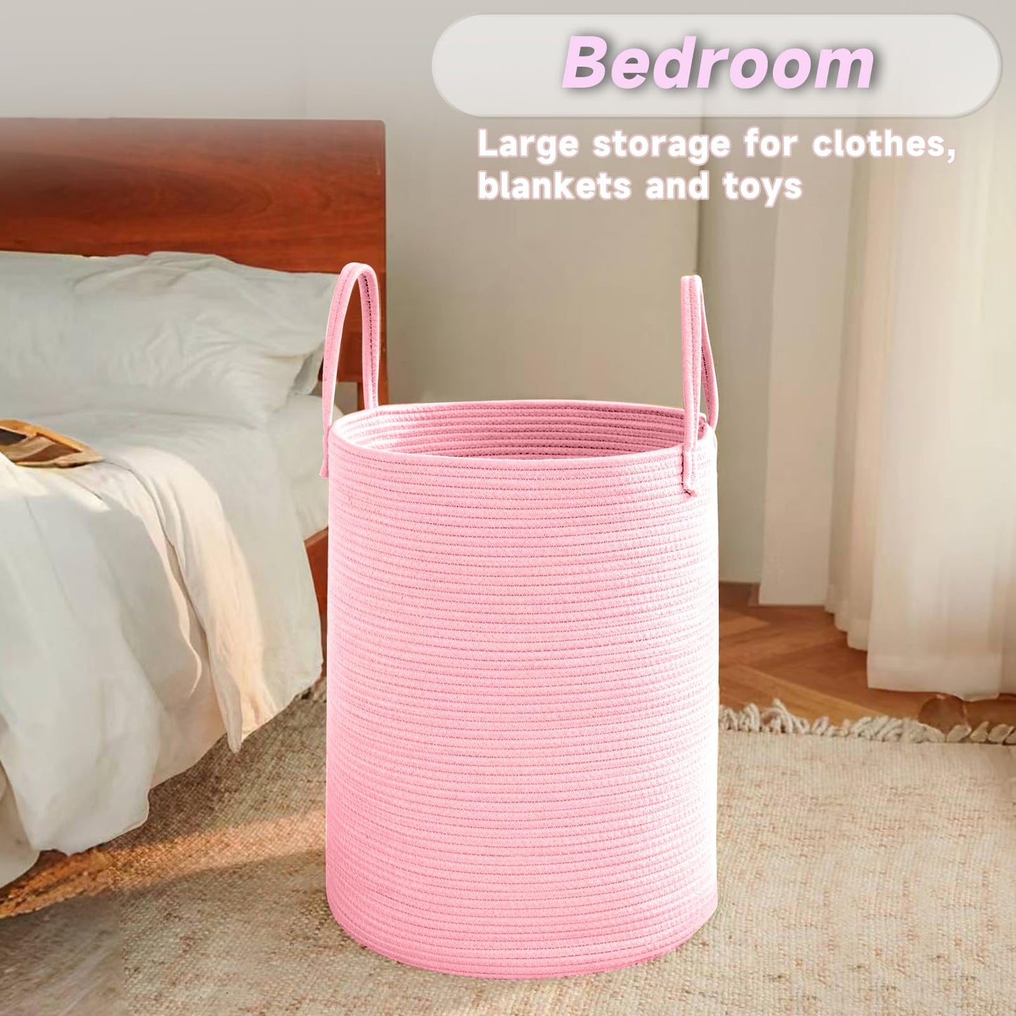 JMvicyroam Large Woven Laundry Basket Hamper,80L Cotton Rope Storage Bin for Blankets,Toys and Clothes,Decorative Tall Nursery Hamper for Living Room,Baby Nursery,Bathroom and Bedroom,Pink