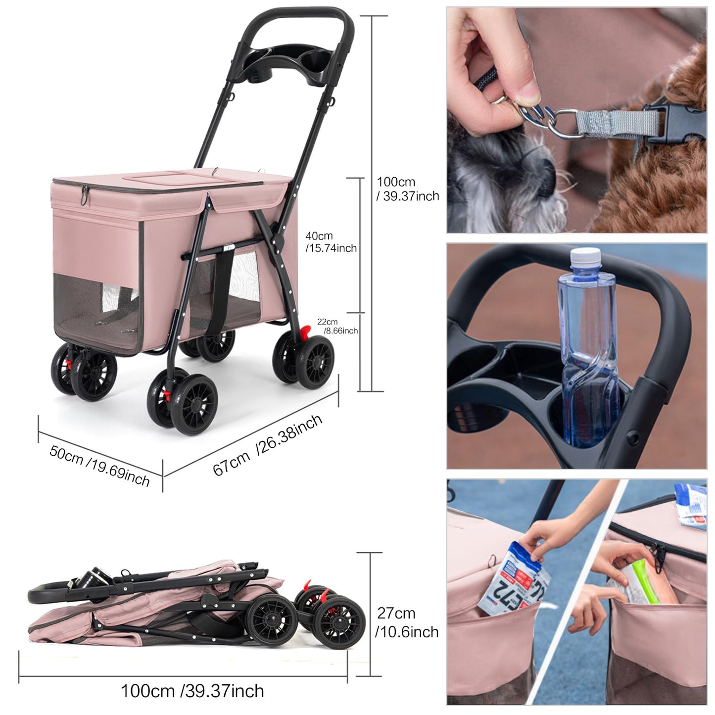 Pet Stroller Cat Dog Stroller Travel Folding Pet Carriers（Pink）
