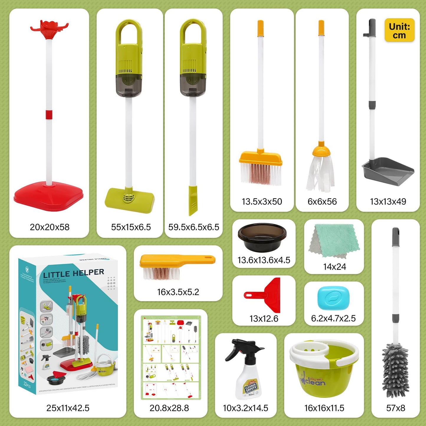 Dreamon Toddler Cleaning Set - 14Pcs Kids Cleaning Toy Set with 2-in-1 Kids Vacuum That Really Works, Pretend Home Cleaning Play Set for Toddler Age 3-7, Christmas Birthday Gift for Girls Boys（Red）