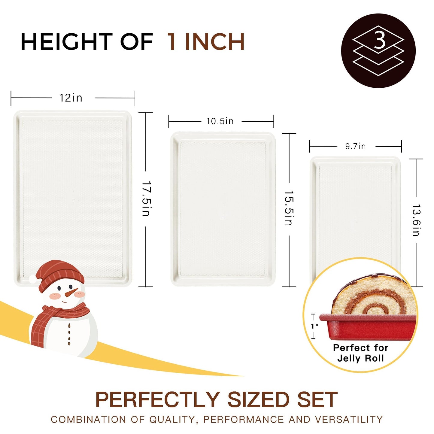 HONGBAKE 3 Pack Nonstick Ceramic Baking Sheet Pan Set for Oven, Non-Toxic Half/Quarter/Jelly Roll Pans with Diamond Texture, 0.8mm Aluminized Steel Cookie Trays for Cooking, Christmas Red & Cream