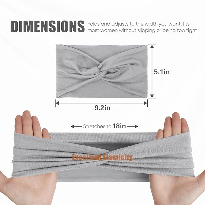 HSEM Headbands for Women, Non Silp Wide Hair Bands, Elastic Thick Head Bands, Stretchy Soft Sports Sweat Bands for Spa Workout Running Gym, Cotton Cloth Hair Accessories 6Pcs, Two Black/White/Gray