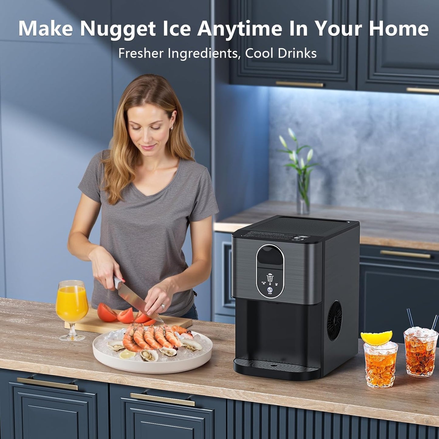 Countertop Nugget Ice Maker, 44lbs/24H Nugget Ice Machine Countertop, Chewable Pellet Ice Maker Machine with Ice Dispenser, 2.4L Water Reservoir, Self-Cleaning, Ideal for Kitchen/Bar/Office, D-Black