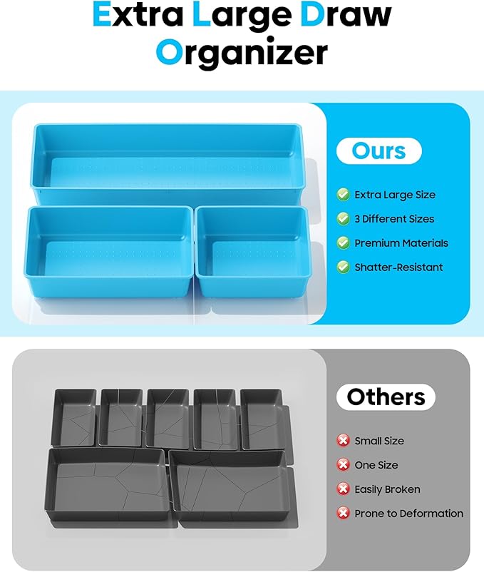 10 Pack Large Size Plastic Drawer Organizers Set, 3 Sizes Desk Drawer Organizer Trays, Storage Bins for Vanity, Makeup, Bathroom, Kitchen Utensils and Office (Blue)