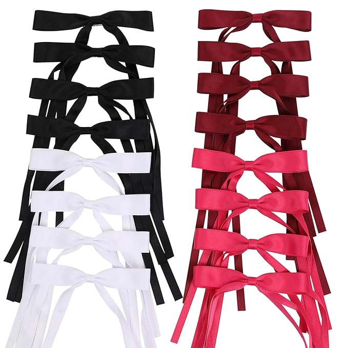 Hair Bows Clips Coquette Ribbon Bowknot with Long Tail Princess Hair Bows French Barrettes Hair Accessories for Women Girls 16PCS (Wine Red, Rose red, White, Black)