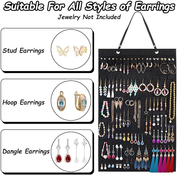 Caffox Hanging Earring Holder, Large Earring Organizer with 20Pcs Extra Hooks for Earrings, Necklaces, Bracelets, Jewelry and Sunglasses, Wall Earring Display for Home, Holds Up To 300 Pairs