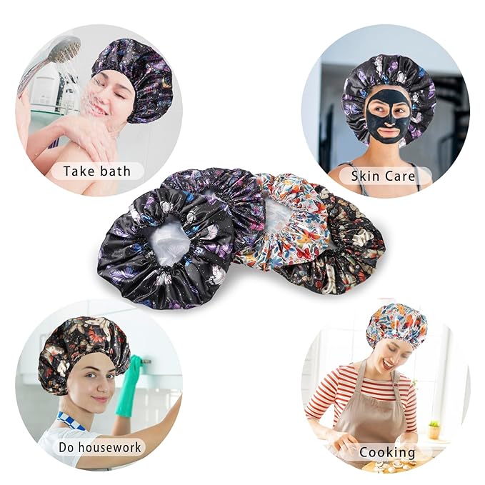 Shower Cap for Women,4 PCS Elastic and Reusable Bath Caps, Double Layers Shower Caps Reusable Waterproof, Bathing Shower Caps, Environmental Bath Hair Protection Cap - Butterfly B