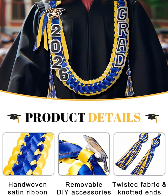 ALKB 2026 Graduation Lei Set - Two-Tone Braided Ribbon with Honor Cord, Unisex Graduation Gift for Graduates, Polyester