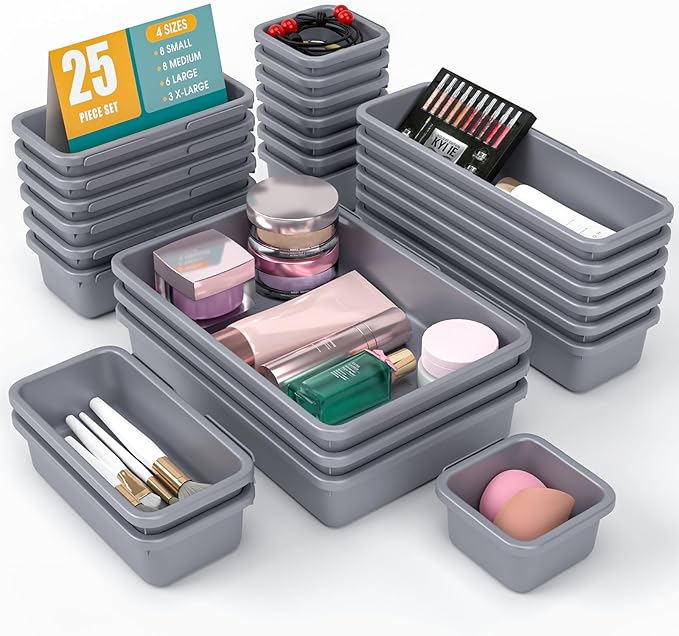 25 PCS Drawer Organizer Set, 4 Size Makeup Drawer Divider Organizer With Non-Slip Pads, Interlocking Plastic Storage Bins for Office,Jewelry Vanity,Gadgets, Bathroom,Kitchen, Grey