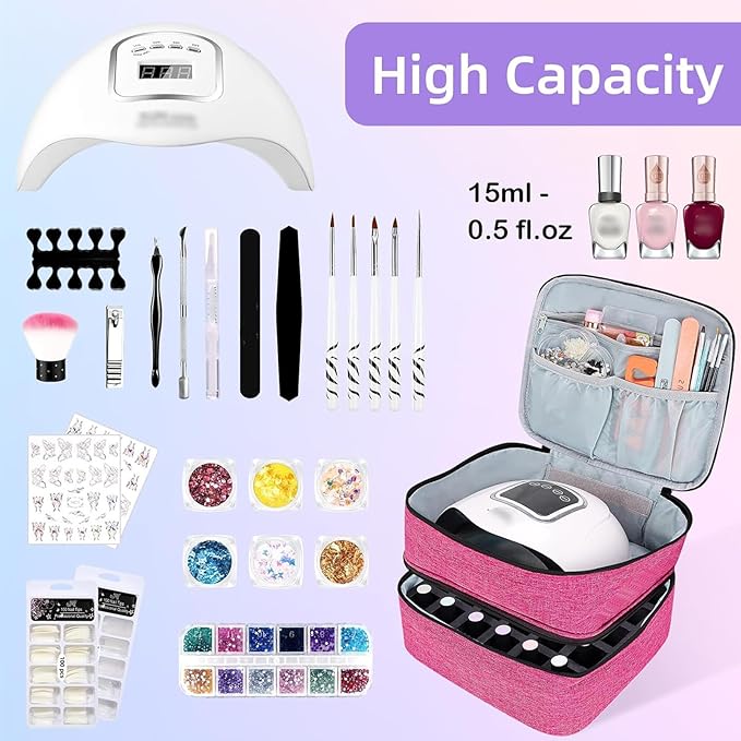 Nail Polish Organizer Holds 30 Bottles (15ml - 0.5 fl.oz) Double-layer Gel Nail Polish Kit Case, Nail Holder for Nail Lamp, Portable Nail Organizer and Storage for Nail Supplies (Rose)
