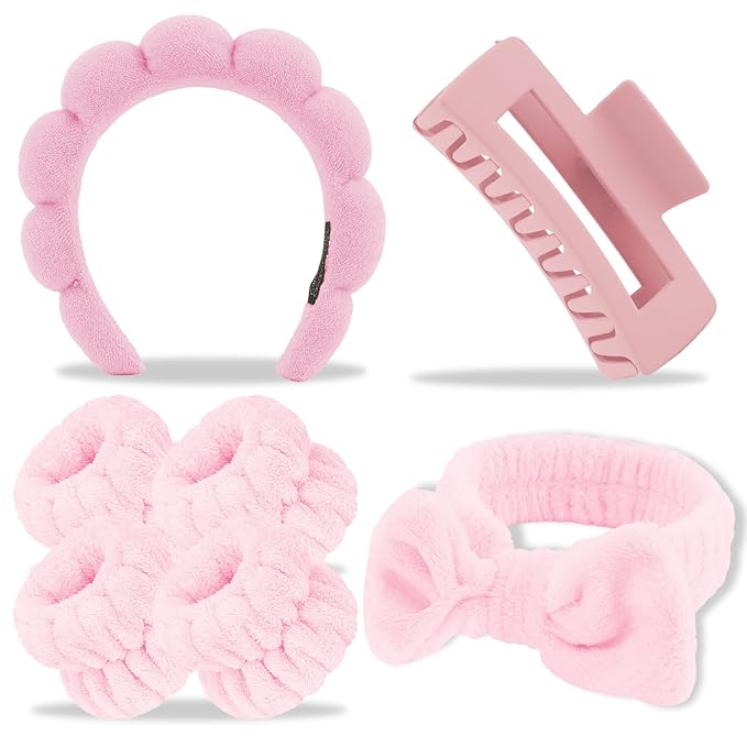 Canitor Spa Headband Wrist Bands Hair Clips Set Skincare Makeup Self Skin Care for Women Washing Face Teens Teenager Tween Clean Girl Gifts Cute Trendy Stuff Things Pink Stocking Stuffers