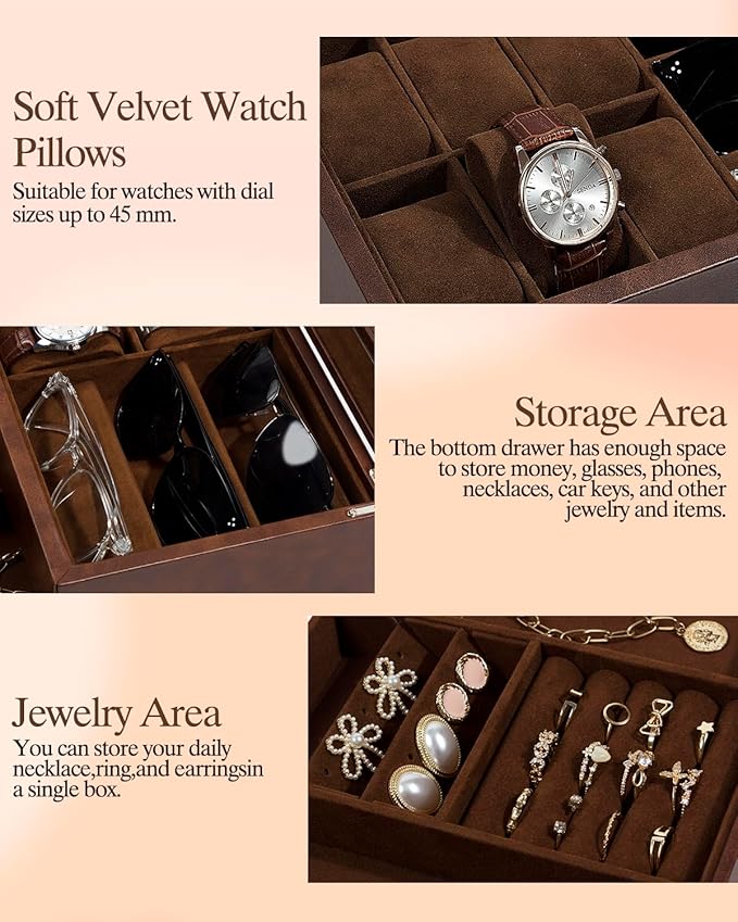 GUKA Watch box, 6 Slot Watch Case, 3 Slot Sunglass Organizer, Watch Cases for men with Real Glass Lid, Watch Organizer storage with Jewelry Case, Birthday for Men and Women,