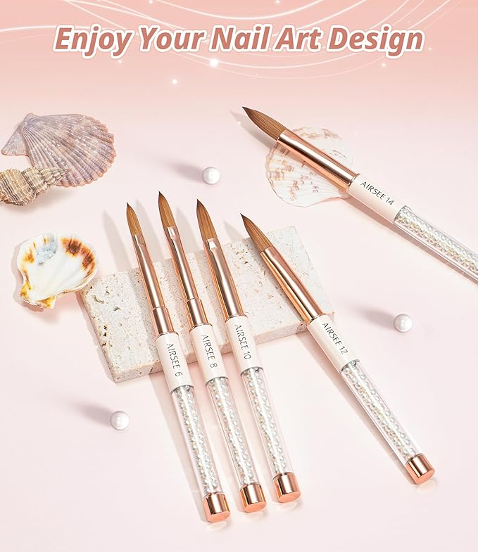 AIRSEE 5PCS Acrylic Nail Brush Set, Size 6/8/10/12/14 for Acrylic Powder Brushes, Nail Extension & 3D Carving Beginner & Professional Use DIY Salon Home, Pearl