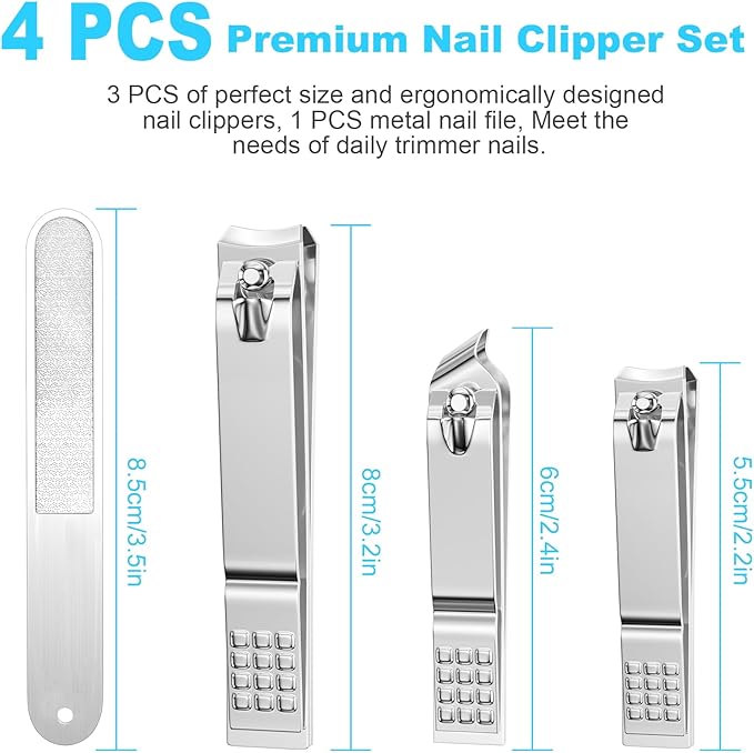 DUCOO Nail Clipper Set, 4 PCS Ultra Sharp Nail Clippers for Men, Women, Adults Toenail Fingernail Clippers, Stainless Steel Nail Cutter & File, Silver