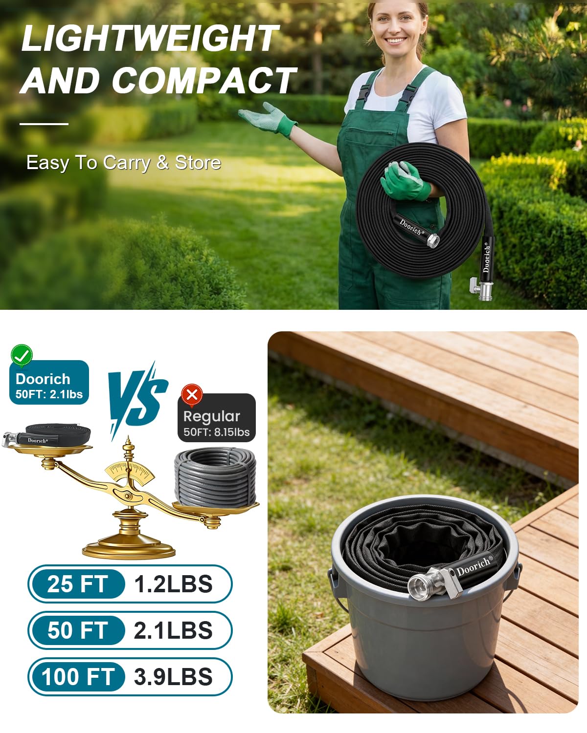 Doorich Garden Hose, Lightweight, Ultra Flexible, Durable, Kink-Free Water Hose with Valve - Made of TPU, Drinking Water Safe Material, Non-Shrinking, Easy to Store, All-Weather, Black (25 FT)