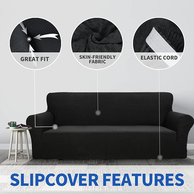 ZNSAYOTX 1 Piece Jacquard Couch Covers for 3 Cushion Couch High Stretch Sofa Cover for Pets Dogs Anti Slip Extra Large Sofa Slipcovers Furniture Protector (XL Sofa, Black)