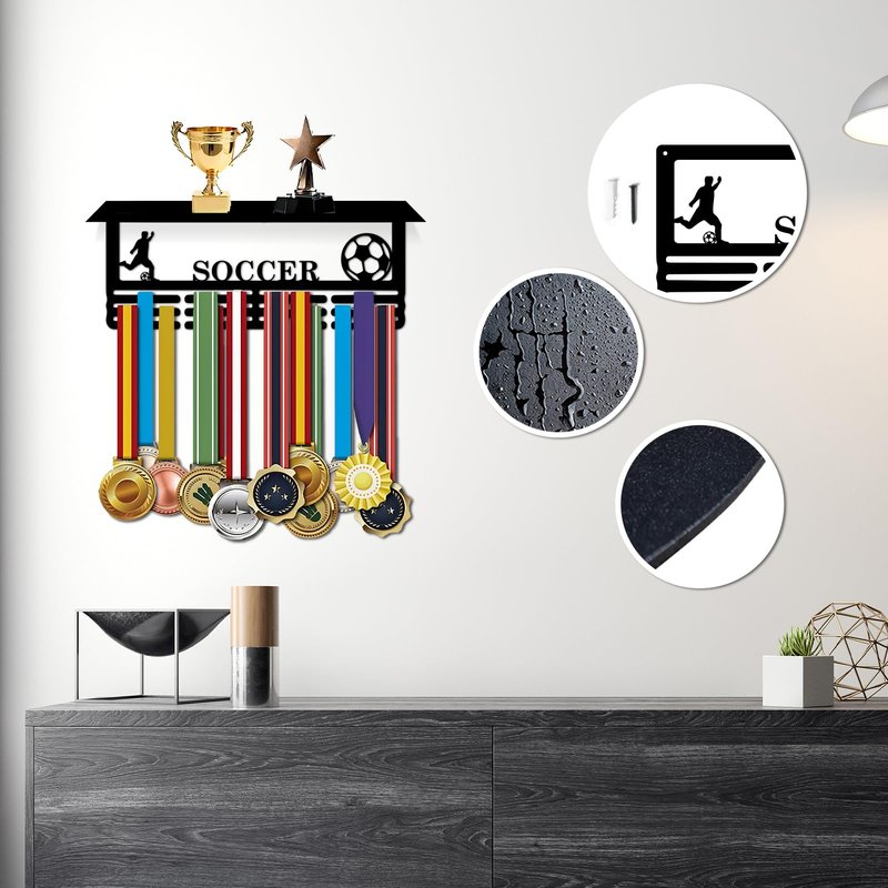 Resama World Cup Soccer Medal Hanger Holder Display Rack with Trophy Shelf, Holder for Awards Ribbons Personalized Medal Sports Themed Race Ribbon Holder for Wall Metal Display for Men Boy Girl Kid
