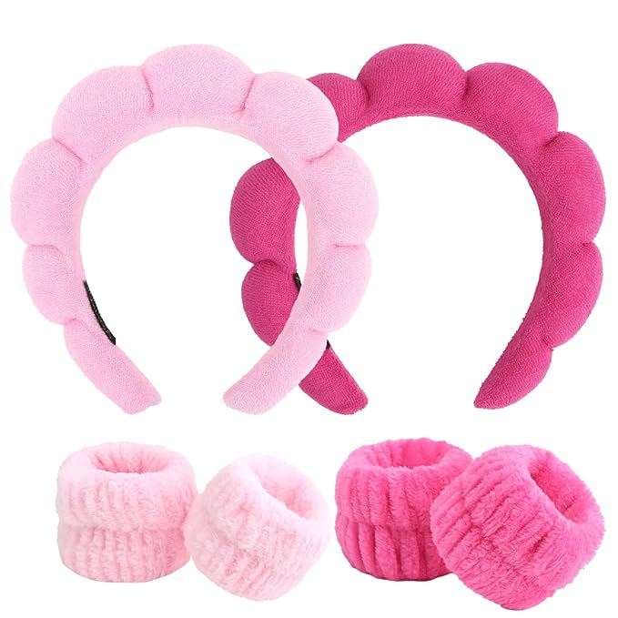6Pcs Spa Headband and Wrist Washband Set, Skincare Makeup Headband, Sponge Face Wash Band, Terry Cloth Puffy Hair Band for Washing Face