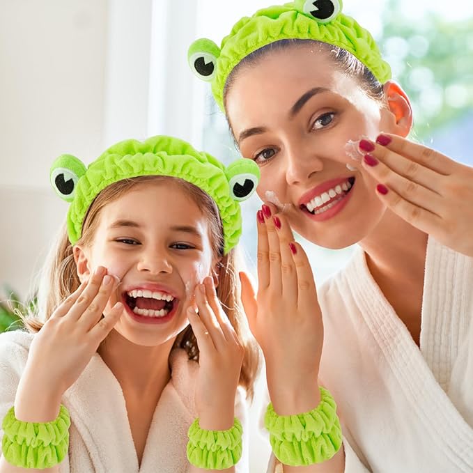Skincare Headband Frog - 6pcs Set: 2 Green Frog Headbands for Skincare & 4 Wristbands for Washing Face - Non-Slip, Adjustable, Soft Microfiber, Warm Gift for Women, Girls