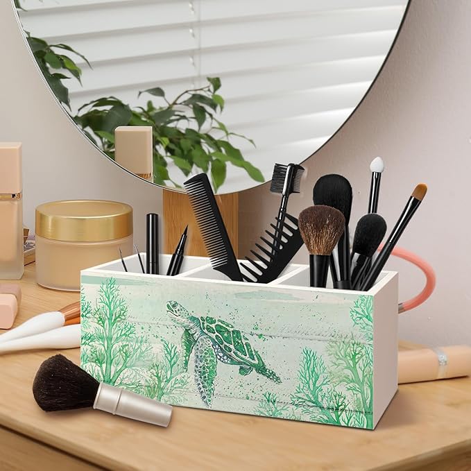 Sea Turtle Coastal Pen Holder for Home Office Desk, Beach Office Decor, Beach Turtle Makeup Brush Toothbrush Holder Organizer for Bathroom Desk Accessories(Green)