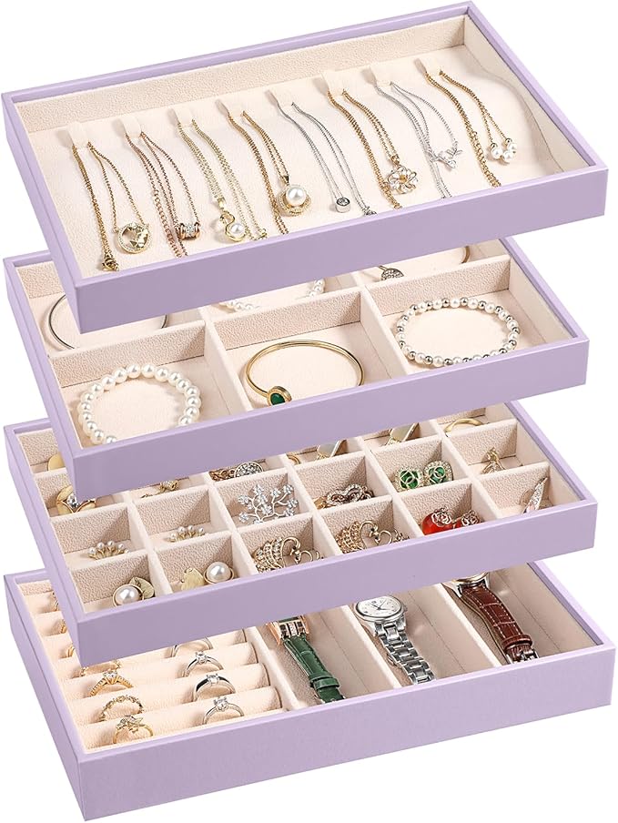LANDICI Stackable Jewelry Organizer Trays 4 Set,PU Leather Jewelry Organizer Drawer,Jewelry Storage Display Tray for Earring Necklace Rings Bracelet with Removable Dividers,Lavender