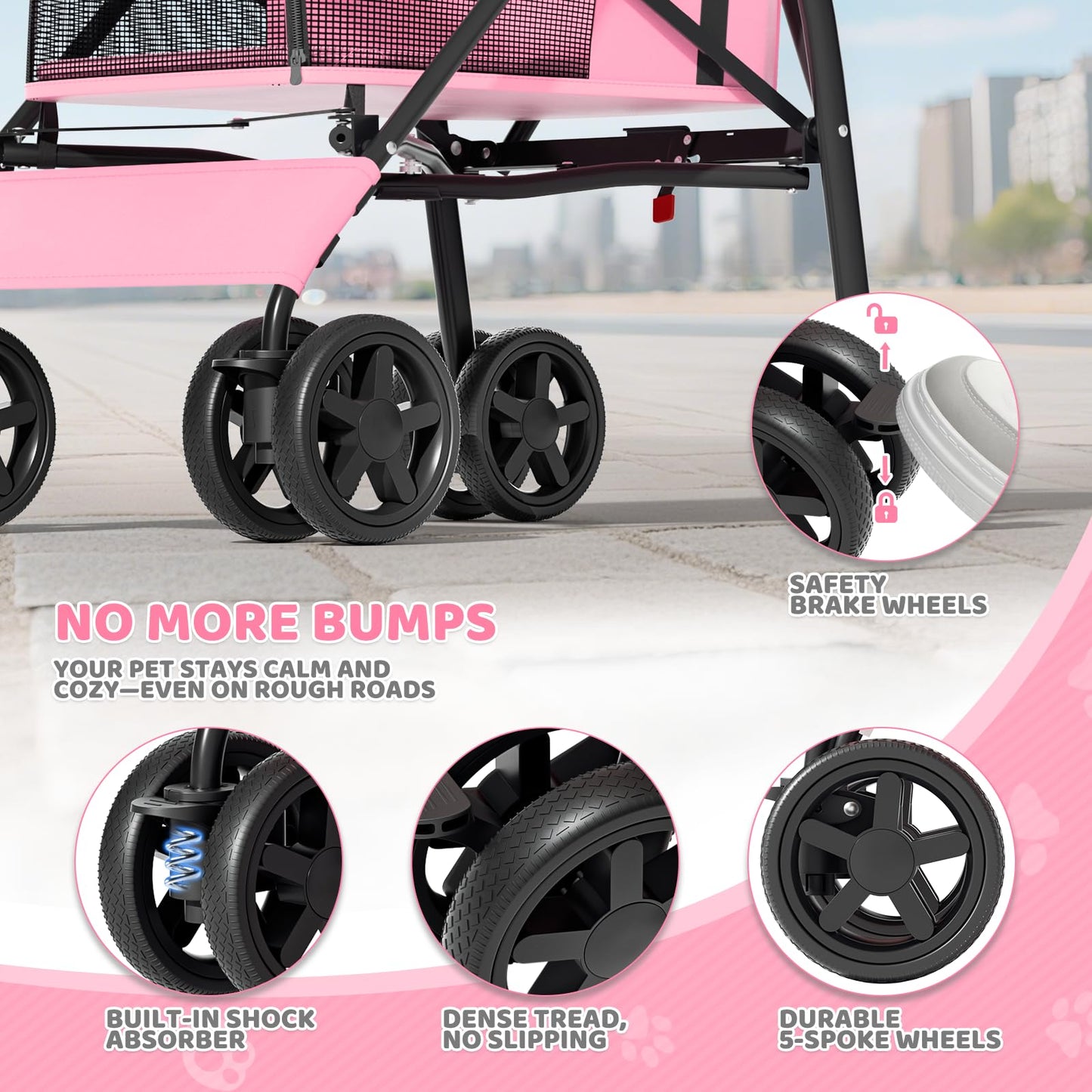 Magshion Compact Pet Stroller for Small-Medium Dogs/Cats up to 22lbs, 4-Wheel Lightweight Umbrella Shaped Portable Puppy Travel Jogger with Breathable Mesh, Cup Holder & Rear Storage, Pink
