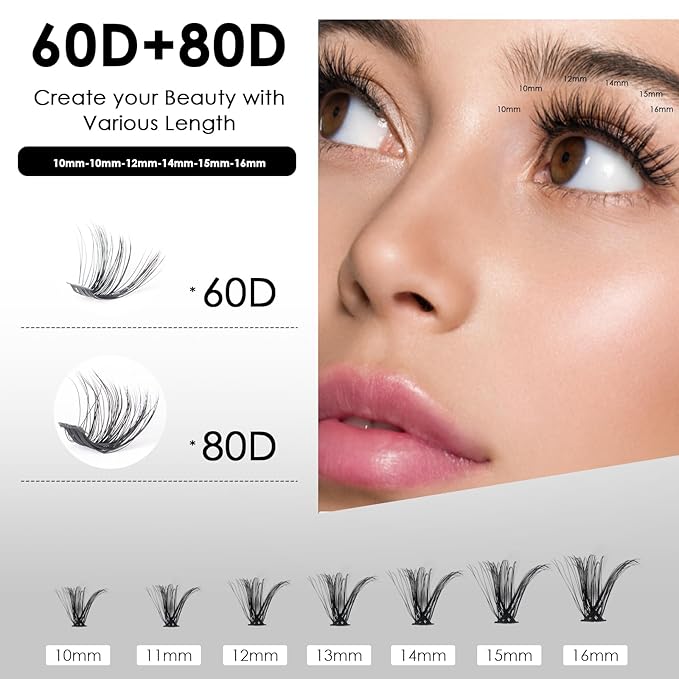DIY Lash Extensions Kit 320pcs Individual Lashes Clusters 60D 80D Eyelash Extension Kit with Applicator and Lash Bond&Seal,Clusters Lash Glue Remover For False Eyelash Mix 10-16mm (60D+80D KIT)