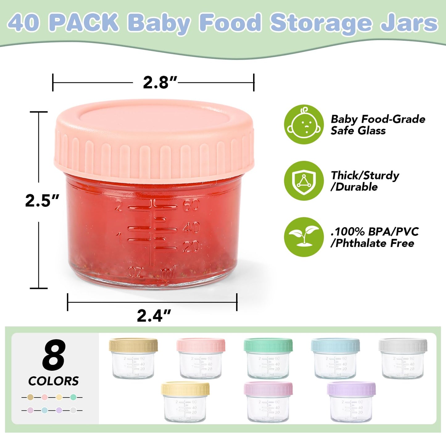 RowinsyDD 40 Pack Glass Baby Food Storage Containers, 4 oz Leakproof Baby Food Jars with Lids, Small Glass Food Containers for Infant Baby, Freezer & Microwave Safe, BPA Free