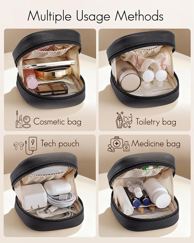 VLANDO Mini Makeup Bag, Small Makeup Bag for Purse with Slip-in Pockets, Portable Travel Toiletry Bag with Zipper, Waterproof Travel Essentials for Women-Black