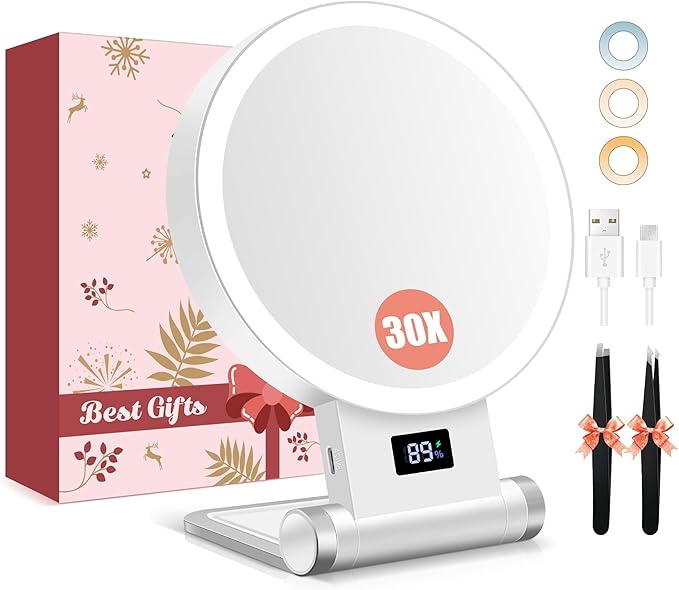 B Beauty Planet Magnifying Mirror with Light 30X, 2000mAh 1X/ 30X Magnifying Makeup Mirror with Standable Base & Tweezers, 3 Color Modes with Adjustable Brightness& Smart Display, Foldable for Travel