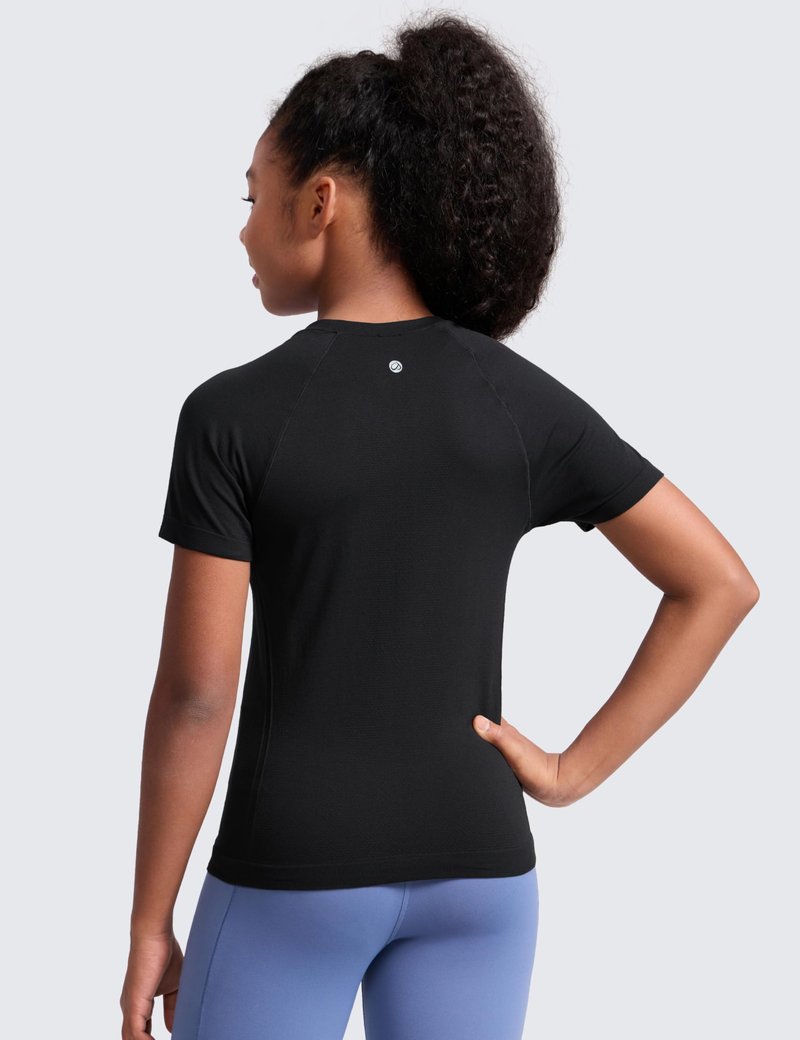 CRZ YOGA Girls Seamless Short Sleeve Athletic T Shirts - Active Sports Casual Tees Crew Neck Kids Teen Black Large
