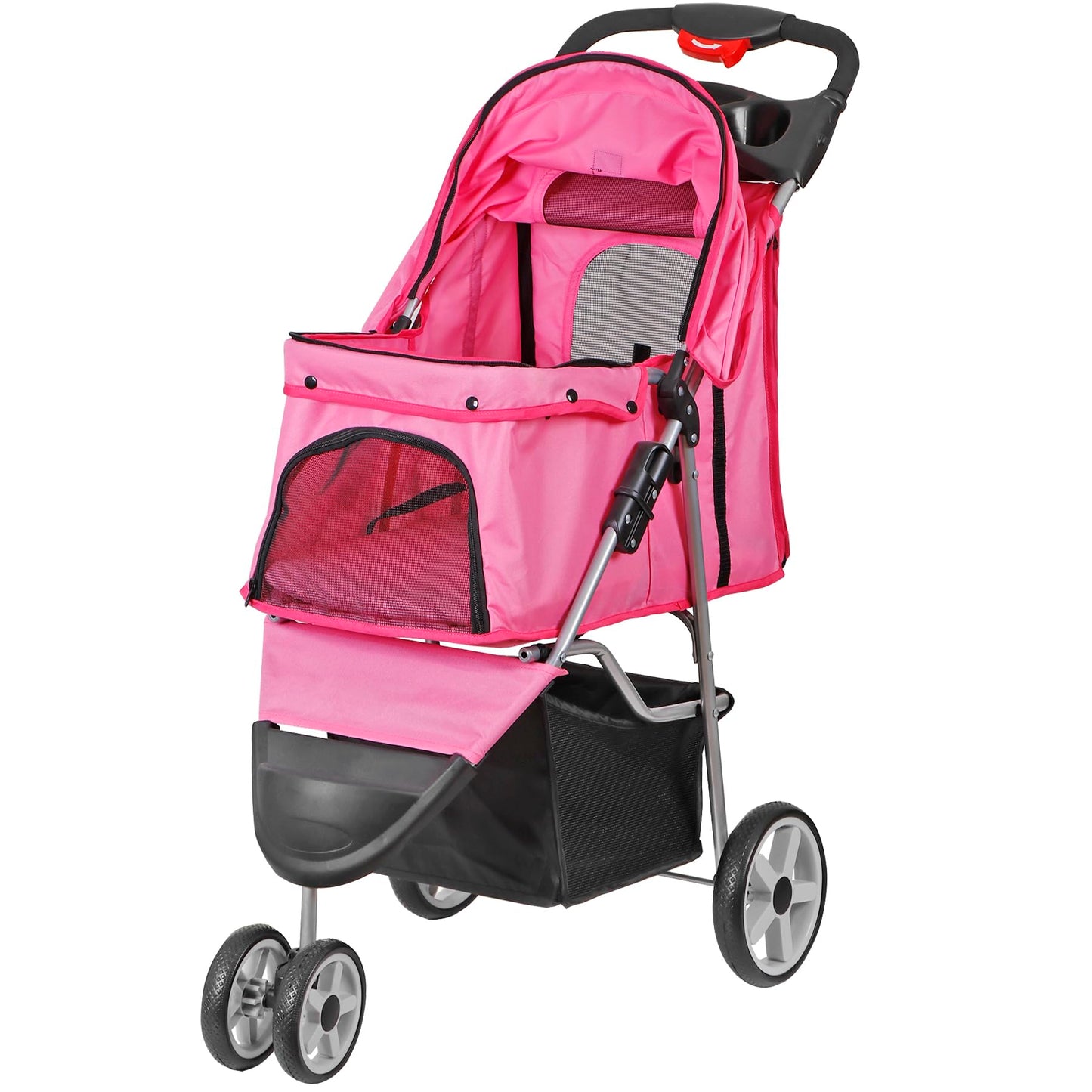 Foldable Pet Stroller for Cats and Dogs 3 Wheels Carrier Strolling Cart with Weather Cover, Storage Basket + Cup Holder (Pink)