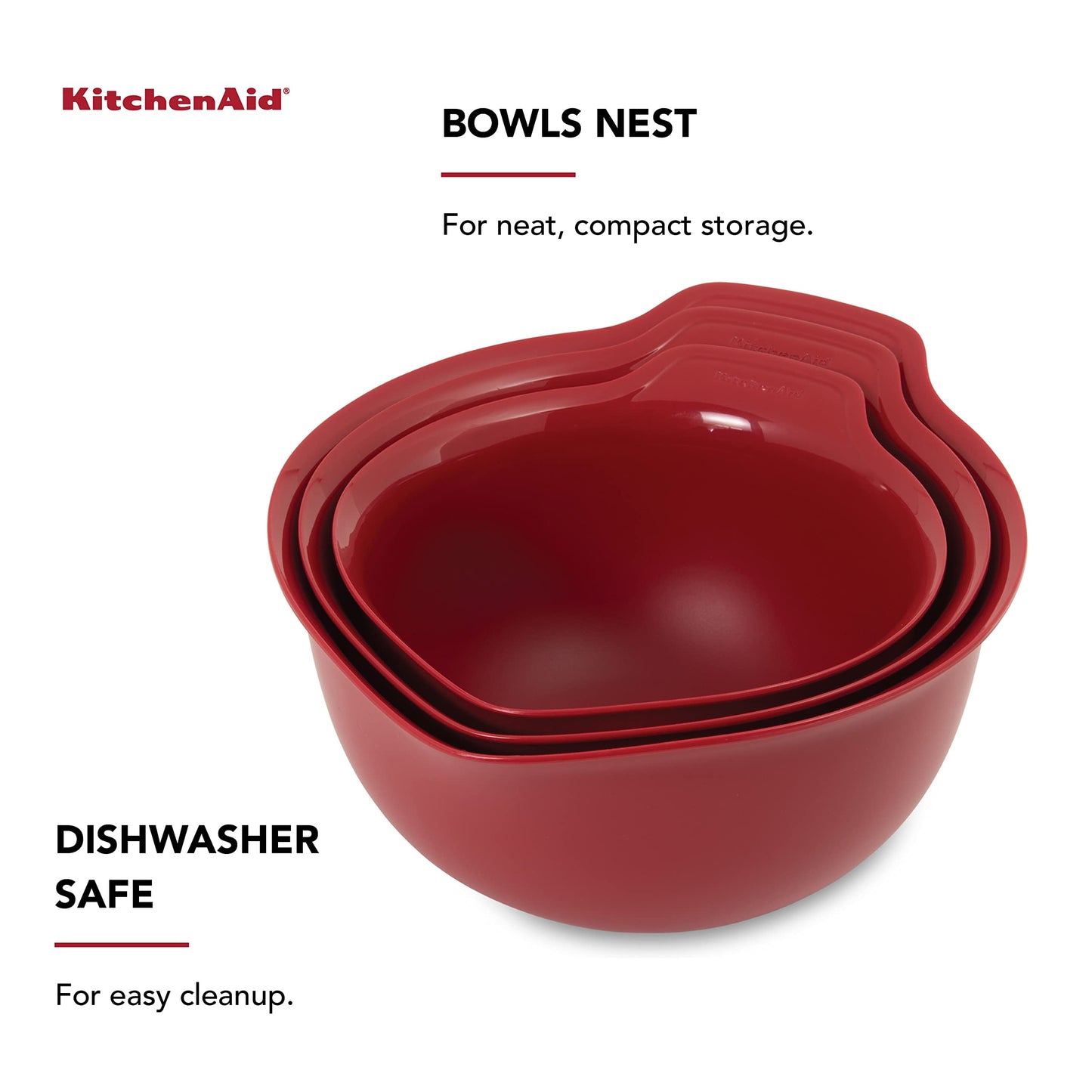 KitchenAid Universal Nesting Plastic Mixing Bowls, 2.5 quart, 3.5 quart, 4.5 quart, Non Slip Base with Easy Pour Spout to Reduce Mess, Dishwasher Safe, Set Of 3, Empire Red