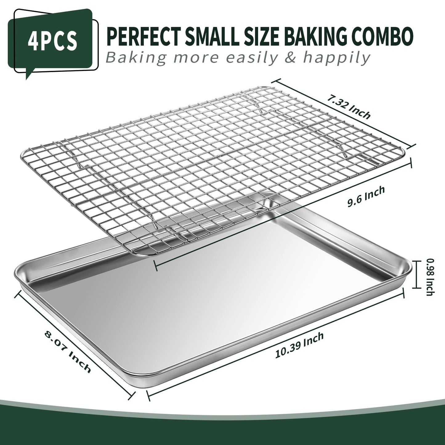 CEKEE 4 PCs Small Baking Sheet With Wire Rack Set [2 Pans + 2 Cooling Racks], 10 Inch Stainless Steel Tray - Rust & Warp Resistant, Easy Clean