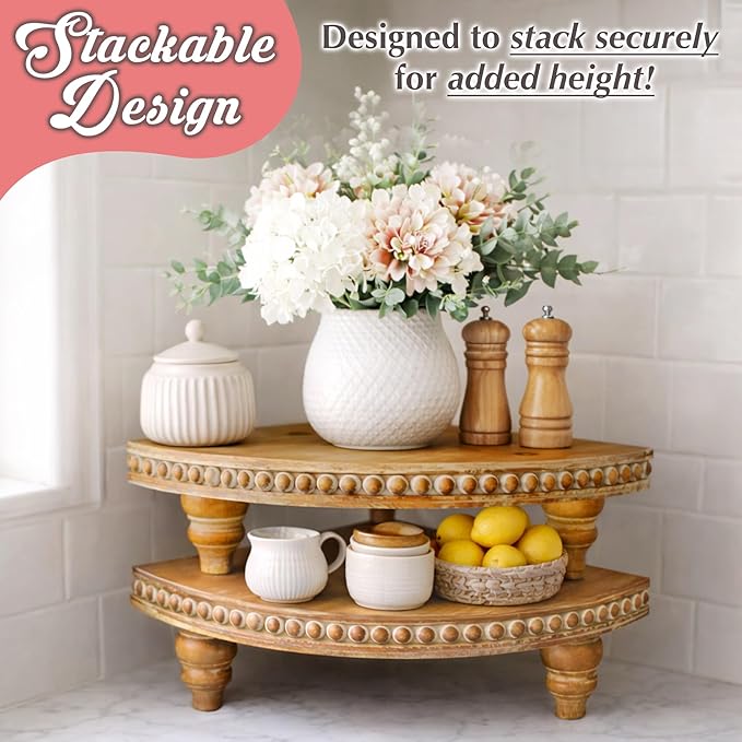 Farmhouse Corner Shelf Stand [with Removable Feet] - Bathroom Countertop Organizer, Decorative Tray Riser, Beaded Wooden Tray, Corner Tray Plant Stand, Coffee Bar Organizer for Kitchen Countertop