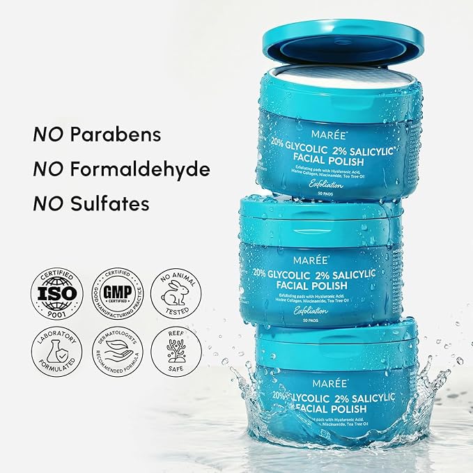 MAREE Glycolic Acid Pads & 2% Salicylic Acid Ã¢ÂÂ Toner Pads for Face with 20% Glycolic Acid Solution Ã¢ÂÂ Face Exfoliating Pads, Acne Clearing Face Pads Ã¢ÂÂ Skin Pore Resurfacing & Radiance Device Ã¢ÂÂ 50 Count