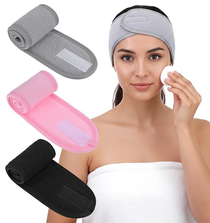 3 Pack Spa Headband, Adjustable Terry Cloth Headband for Women, Non-Slip Face Wash Headbands for Facial, Makeup & Shower, Soft Stretchable Hair Band