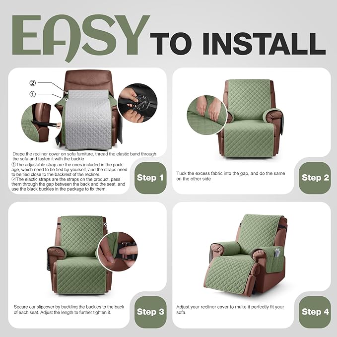 KinCam 100% Waterproof Recliner Chair Cover, Reclining Couch Covers for Pets, Dogs, Recliner Couch Slipcover Furniture Protector with Elastic Straps for Kids(23.6", Cactus Green)