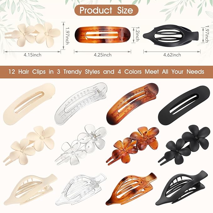 12 PCS Flat Hair Clips - 3 Styles Matte Flat Claw Clips Set Duckbill Barrettes for Women, No-Slip Strong Hold for Thin and Thick Hair, Hair Accessories for Girls Gift (Transparent)