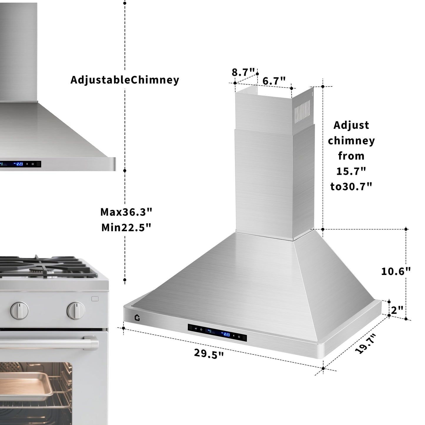 30 Inch Range Hood with 250 CFM Fan, Convertible Duct/Ductless Ventilation, Touch Panel & Remote Control, Quiet 3-Speed Fan, Convertible Duct Design, Dishwasher-Safe Filters
