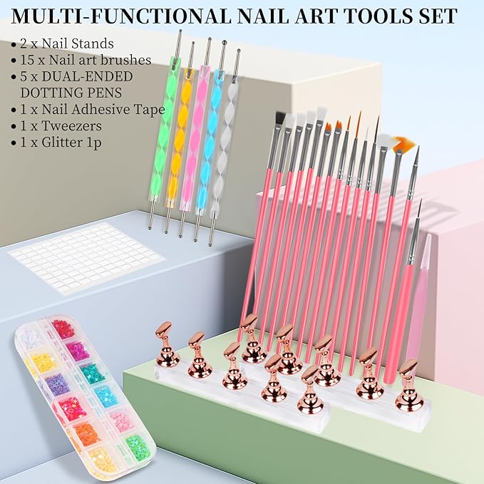 vivinin 25PCS Nail Art Tools Set, Includes Nail Art Brushes, Nail Stand, Dotting Tools, Striping Liner Fingernail Drawing Pens, Jelly Glue, tweezers, Sequins, Professional Nail Art Supplies Kit