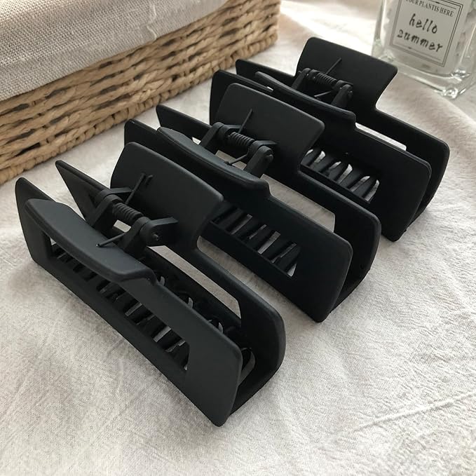 Hair Claw Clips Large Square 4 Inch Matte No Slip Big Rectangle Jaw Clip Clamp for Thick Hair Women, 3 Pack Black