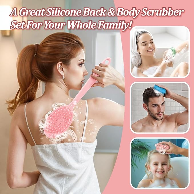 Silicone Back & Body Scrubber Set 2PCS, 13.4'' Gentle Exfoliating Back Scrubber with Dual-Side Head and Non-Slip Handle, Hygienic Silicone Loofah with Soft Bristles and Massage Dots(Pink-2PC)